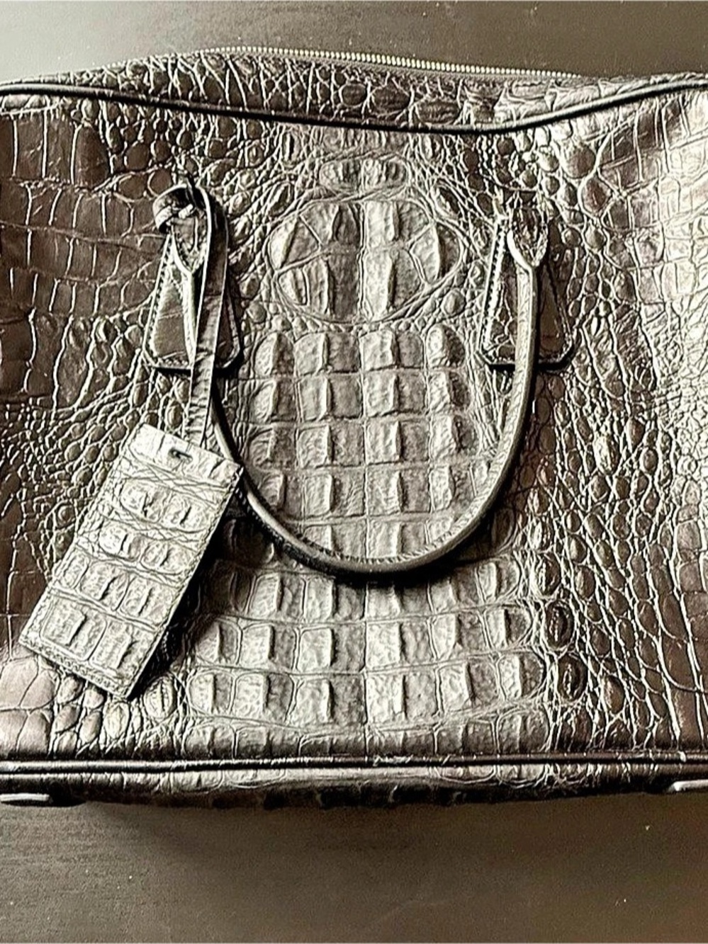 Crocodile-Embossed Laptop Bag in Black